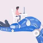 Illustratrion of man sat at desk on a robot hand
